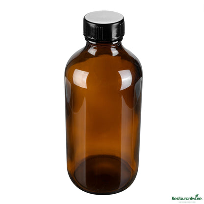 Restaurantware 8 Oz Boston Round Amber Glass Bottle - with Black Phenolic Cap - 2.4" X 2.4" X 5.4"