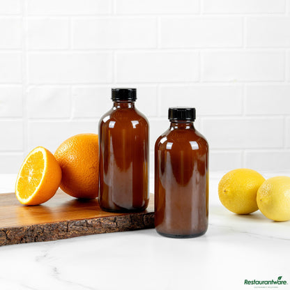 Restaurantware 8 Oz Boston Round Amber Glass Bottle - with Black Phenolic Cap - 2.4" X 2.4" X 5.4"