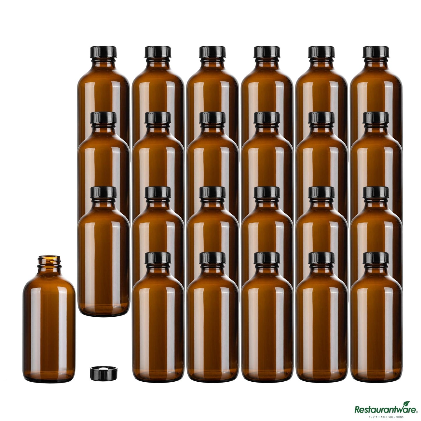 Restaurantware 8 Oz Boston Round Amber Glass Bottle - with Black Phenolic Cap - 2.4" X 2.4" X 5.4"