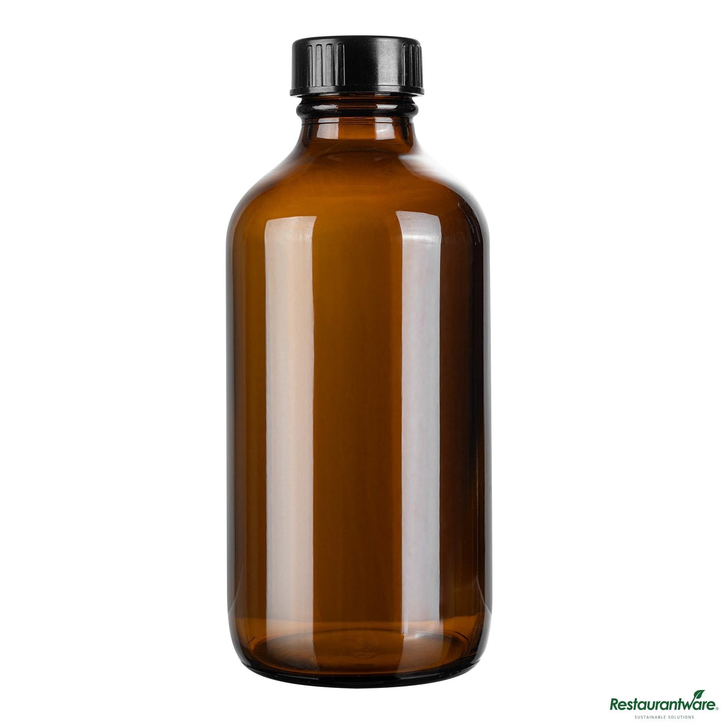 Restaurantware 8 Oz Boston Round Amber Glass Bottle - with Black Phenolic Cap - 2.4" X 2.4" X 5.4"
