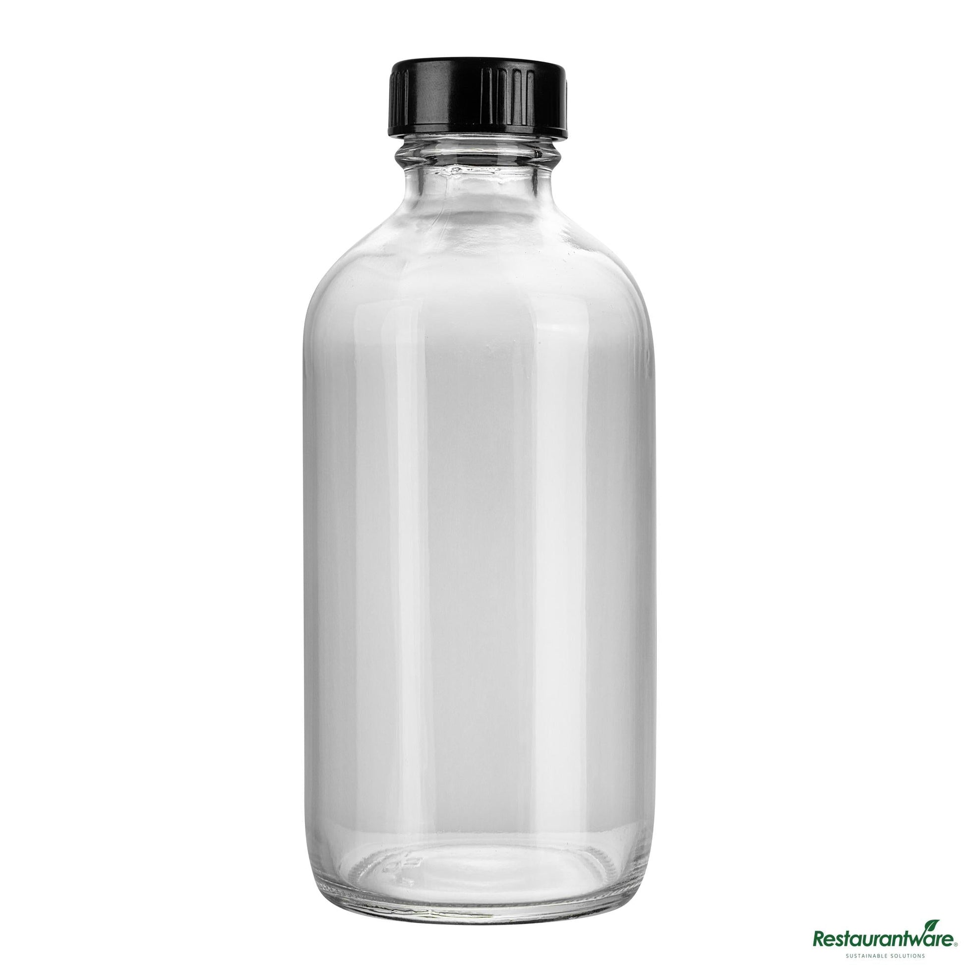 Wholesale Restaurantware 8 Oz Boston Round Clear Glass Bottle - with Black Phenolic Cap - 2.4" X 2.4" X 5.4"- Bulk