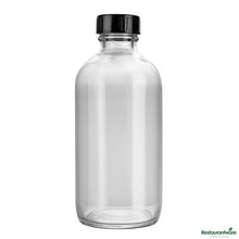 Wholesale Restaurantware 8 Oz Boston Round Clear Glass Bottle - with Black Phenolic Cap - 2.4" X 2.4" X 5.4"- Bulk