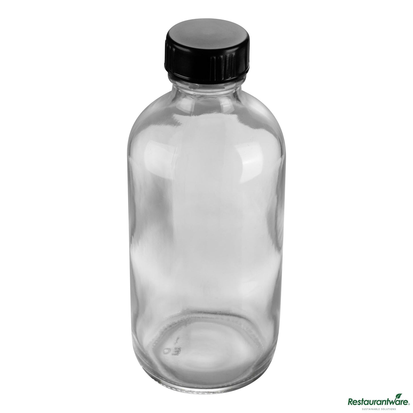 Wholesale Restaurantware 8 Oz Boston Round Clear Glass Bottle - with Black Phenolic Cap - 2.4" X 2.4" X 5.4"- Bulk