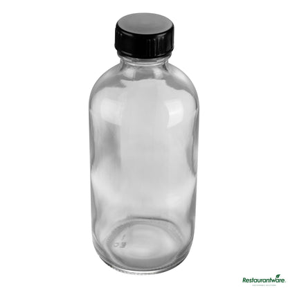 Wholesale Restaurantware 8 Oz Boston Round Clear Glass Bottle - with Black Phenolic Cap - 2.4" X 2.4" X 5.4"- Bulk