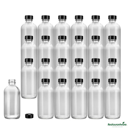 Wholesale Restaurantware 8 Oz Boston Round Clear Glass Bottle - with Black Phenolic Cap - 2.4" X 2.4" X 5.4"- Bulk