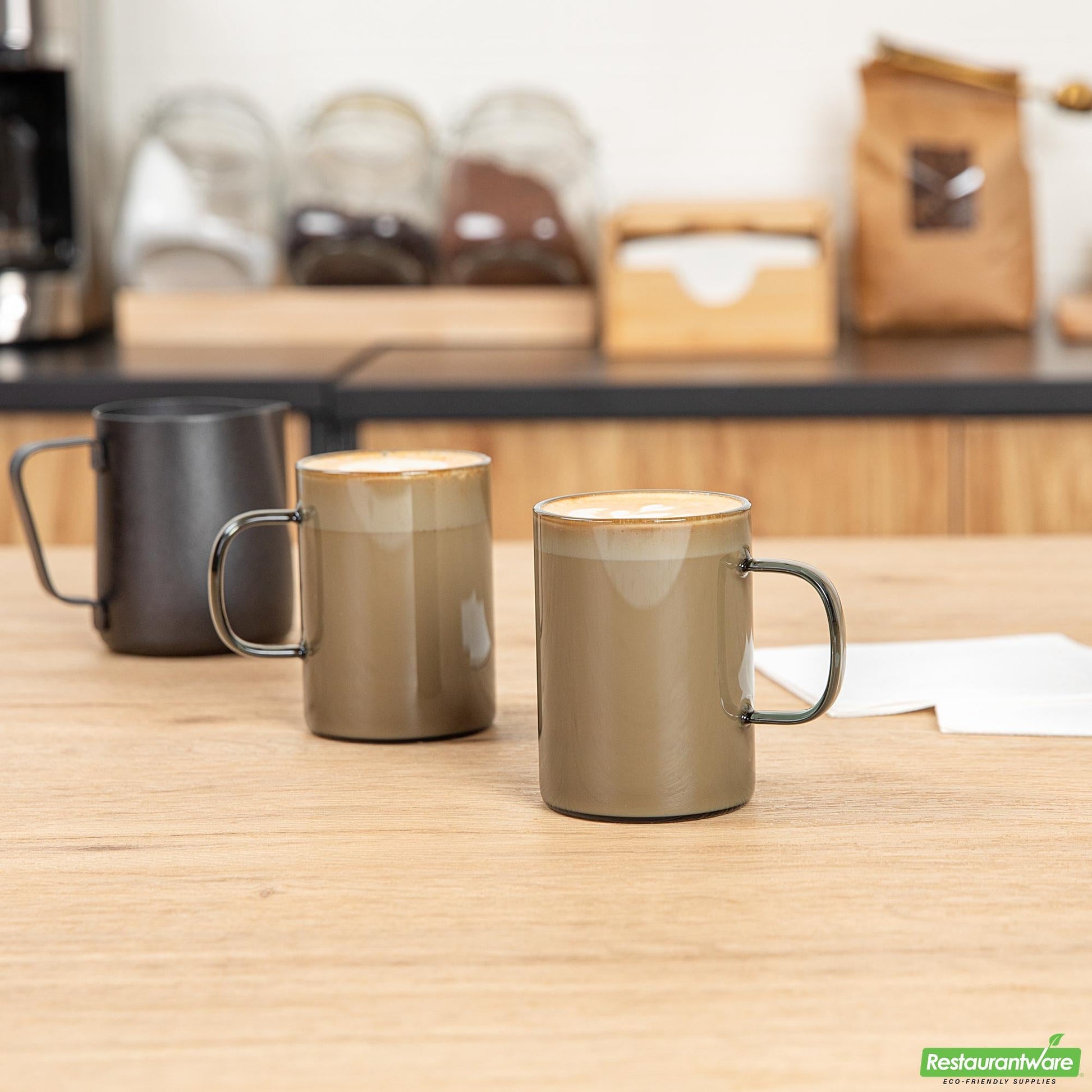 Wholesale Restaurantware 7 Oz Gray Glass Coffee Mug - Borosilicate, with Handle - 2.6" X 2.6" X 3.5"- Bulk