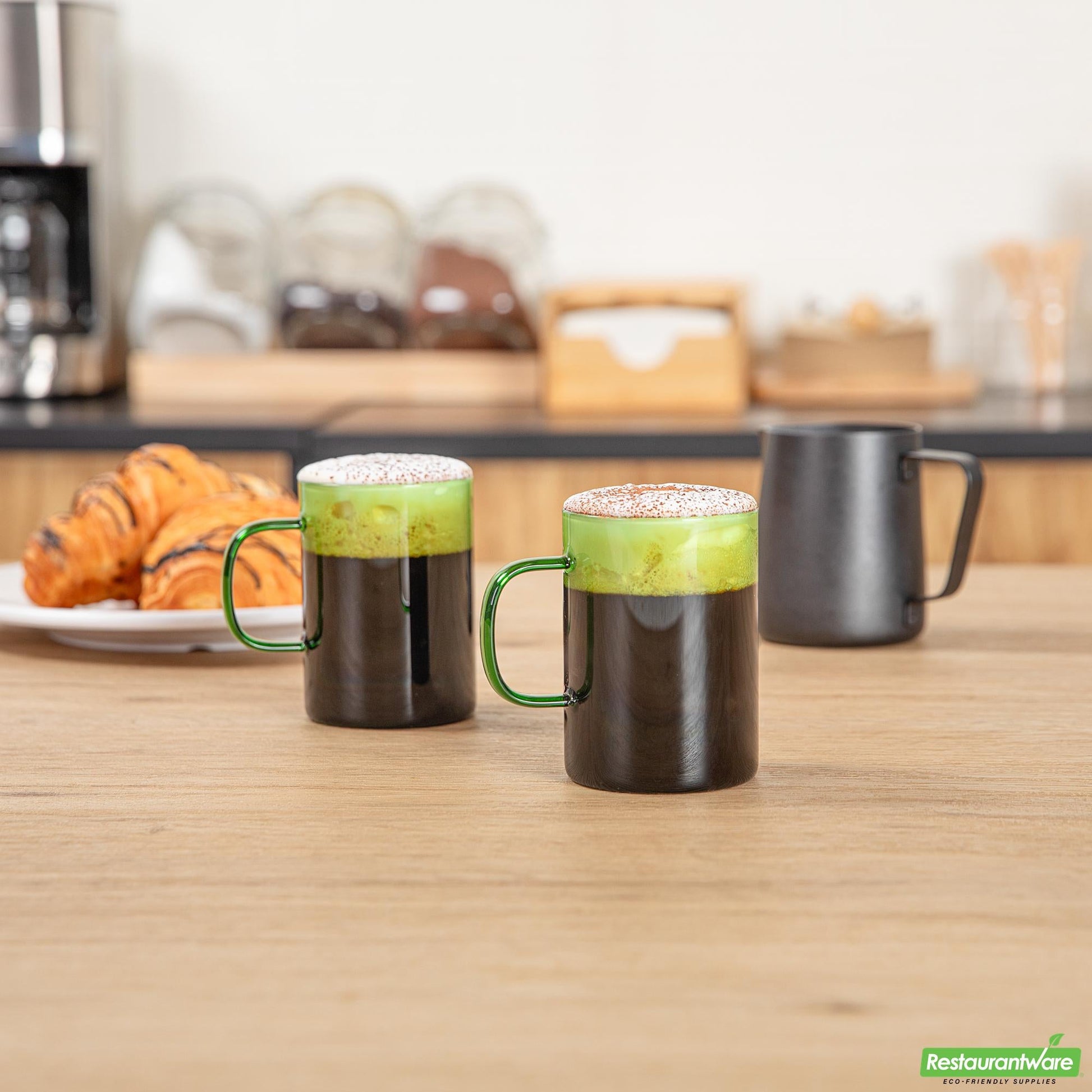 Wholesale Restaurantware 7 Oz Green Glass Coffee Mug - Borosilicate, with Handle - 2.6" X 2.6" X 3.5"- Bulk