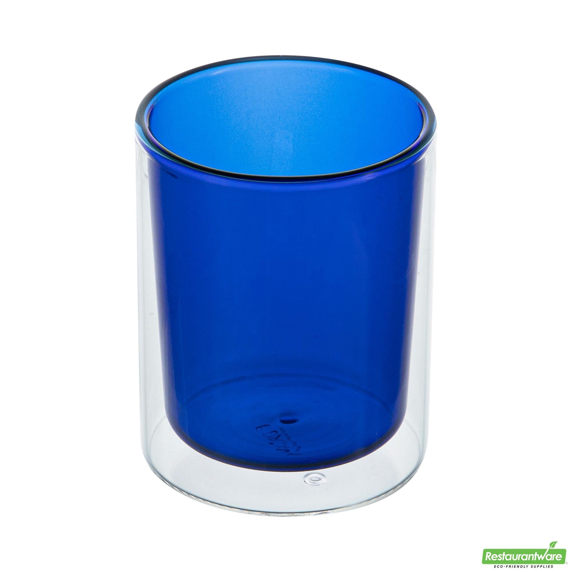 Wholesale Restaurantware 9 Oz Blue Glass Tumbler - Double Wall, Borosilicate - 3.2" X 3.2" X 3.9"- Bulk