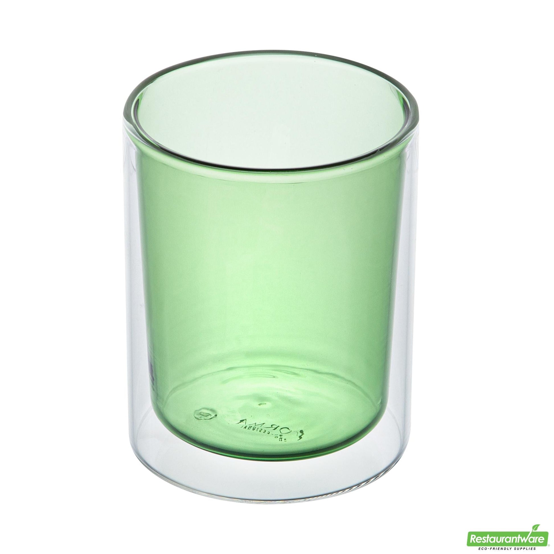 Wholesale Restaurantware 9 Oz Green Glass Tumbler - Double Wall, Borosilicate - 3.2" X 3.2" X 3.9"- Bulk