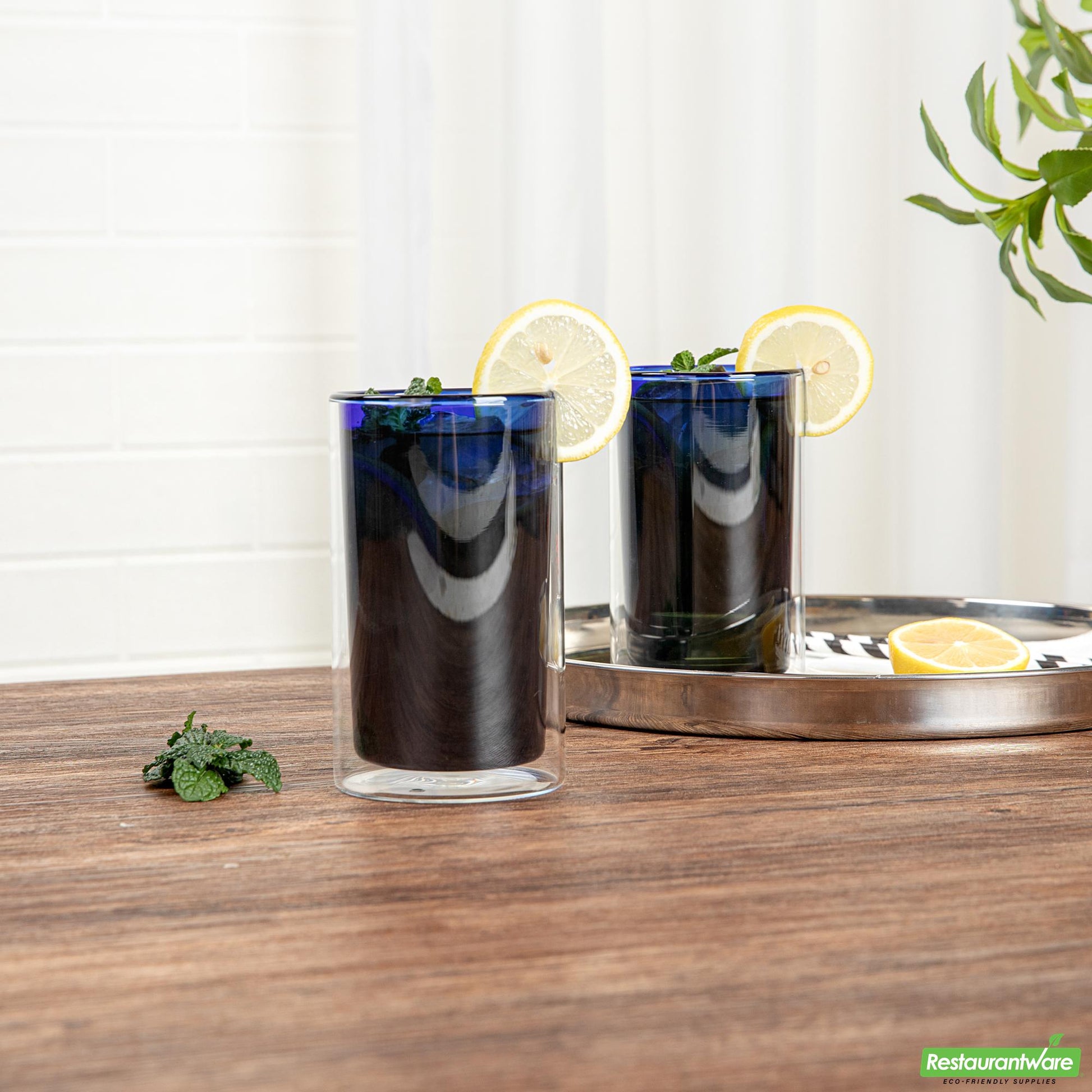 Wholesale Restaurantware 14 Oz Blue Glass Tumbler - Double Wall, Borosilicate - 3.2" X 3.2" X 5.3"- Bulk