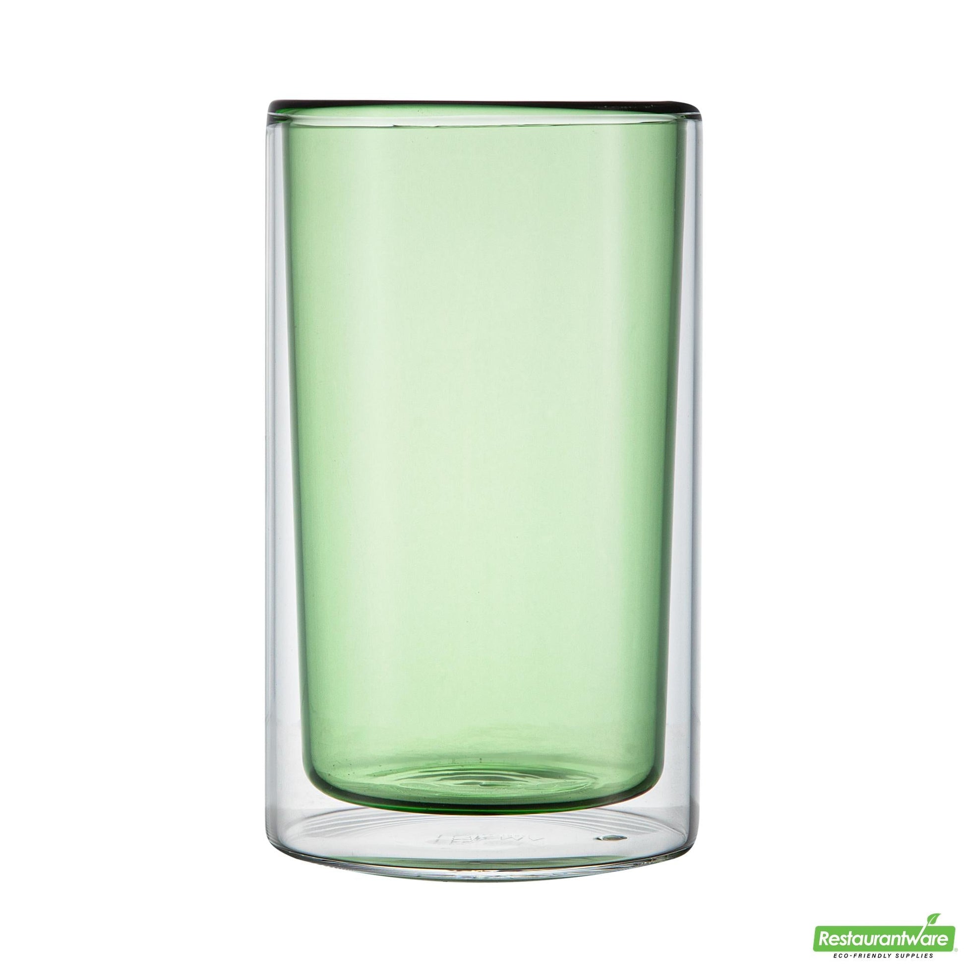 Wholesale Restaurantware 14 Oz Green Glass Tumbler - Double Wall, Borosilicate - 3.2" X 3.2" X 5.3"- Bulk