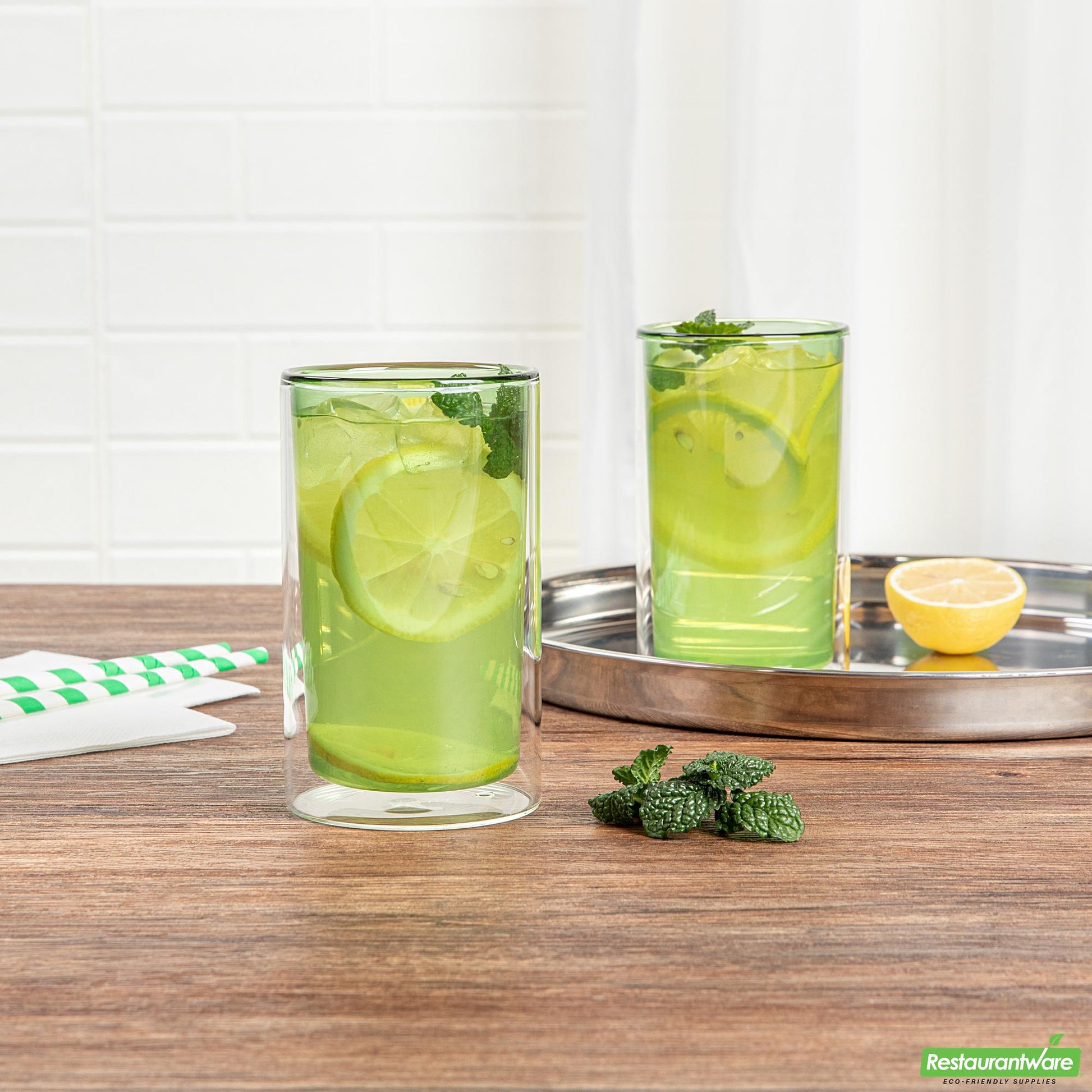 Wholesale Restaurantware 14 Oz Green Glass Tumbler - Double Wall, Borosilicate - 3.2" X 3.2" X 5.3"- Bulk