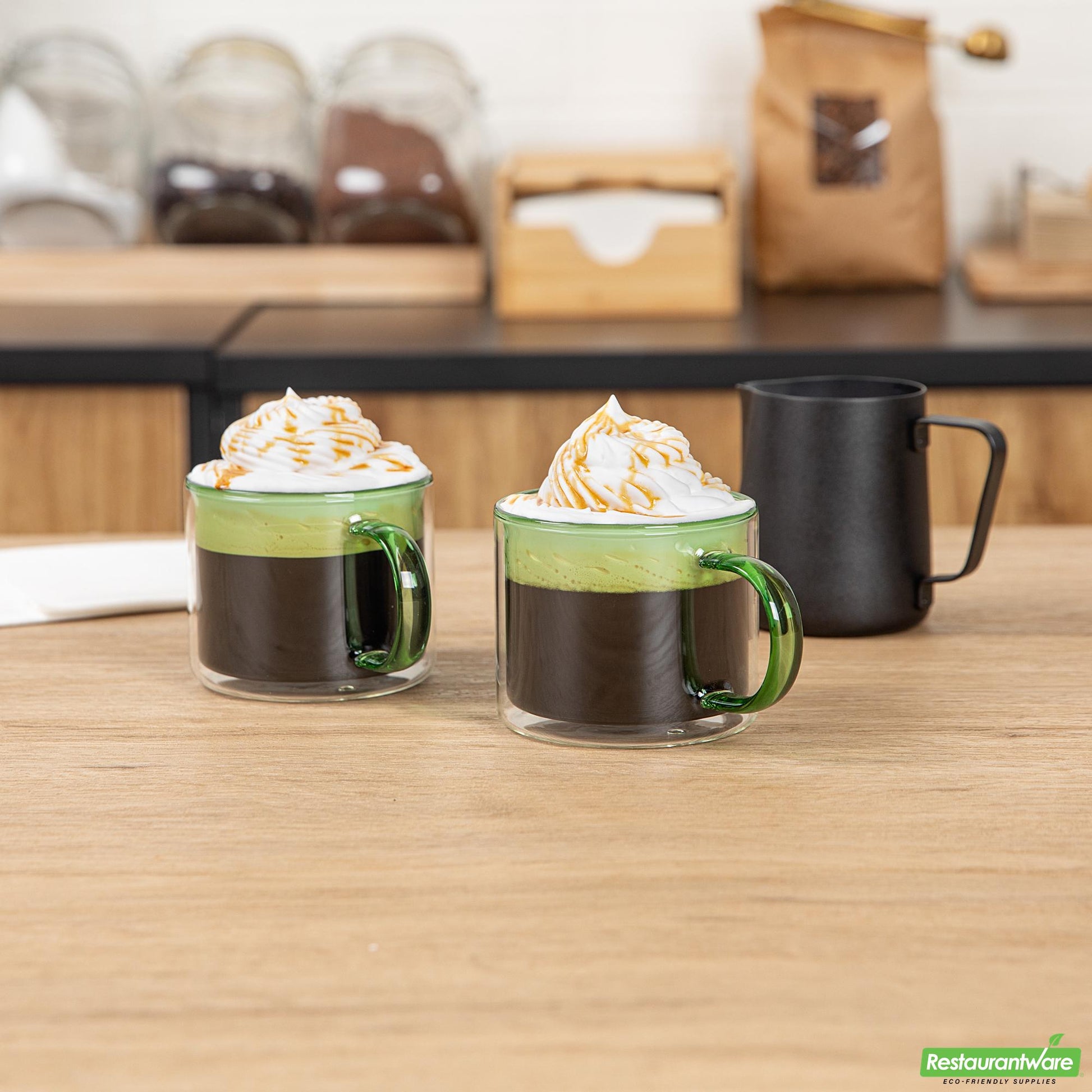 Wholesale Restaurantware 12 Oz Green Glass Coffee Mug - Double Wall, Borosilicate, with Handle - 3.5" X 3.5" X 3"- Bulk