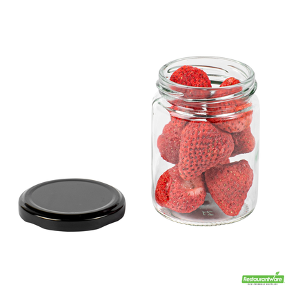 Wholesale Restaurantware Vetri 8 Oz Clear Glass Jar - with Black Metal Lid - 2 3/4" X 2 3/4" X 3 3/4" - 10 Count Box- Bulk