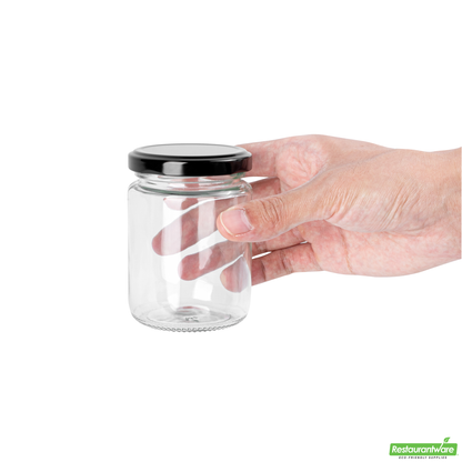 Wholesale Restaurantware Vetri 8 Oz Clear Glass Jar - with Black Metal Lid - 2 3/4" X 2 3/4" X 3 3/4" - 10 Count Box- Bulk