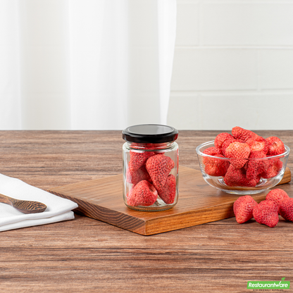 Wholesale Restaurantware Vetri 8 Oz Clear Glass Jar - with Black Metal Lid - 2 3/4" X 2 3/4" X 3 3/4" - 10 Count Box- Bulk