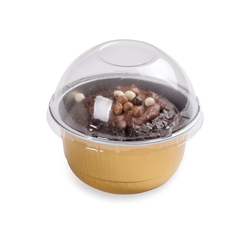 Wholesale Restaurantware 5 Oz Round Gold Aluminum Baking Cup - with Plastic Dome Lid - 3 1/4" X 3 1/4" X 1 3/4"- Bulk