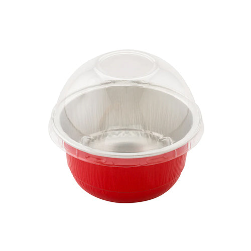 Wholesale Restaurantware 5 Oz Round Red Aluminum Baking Cup - with Plastic Dome Lid - 3 1/4" X 3 1/4" X 1 3/4"- Bulk