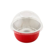 Wholesale Restaurantware 5 Oz Round Red Aluminum Baking Cup - with Plastic Dome Lid - 3 1/4" X 3 1/4" X 1 3/4"- Bulk