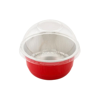 Wholesale Restaurantware 5 Oz Round Red Aluminum Baking Cup - with Plastic Dome Lid - 3 1/4" X 3 1/4" X 1 3/4"- Bulk