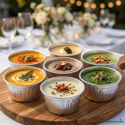 Wholesale Restaurantware 4 Oz Round Silver Aluminum Ramekin / Portion Cup - 3.1" X 3.1" X 2"- Bulk