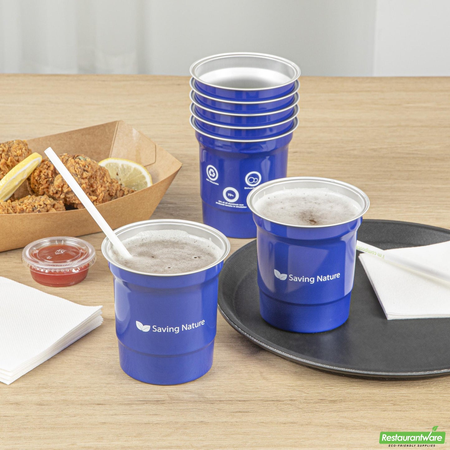 Wholesale Restaurantware Saving Nature 16 Oz Blue Aluminum Drinking Cup - 3.9" X 3.9" X 4.1"- Bulk
