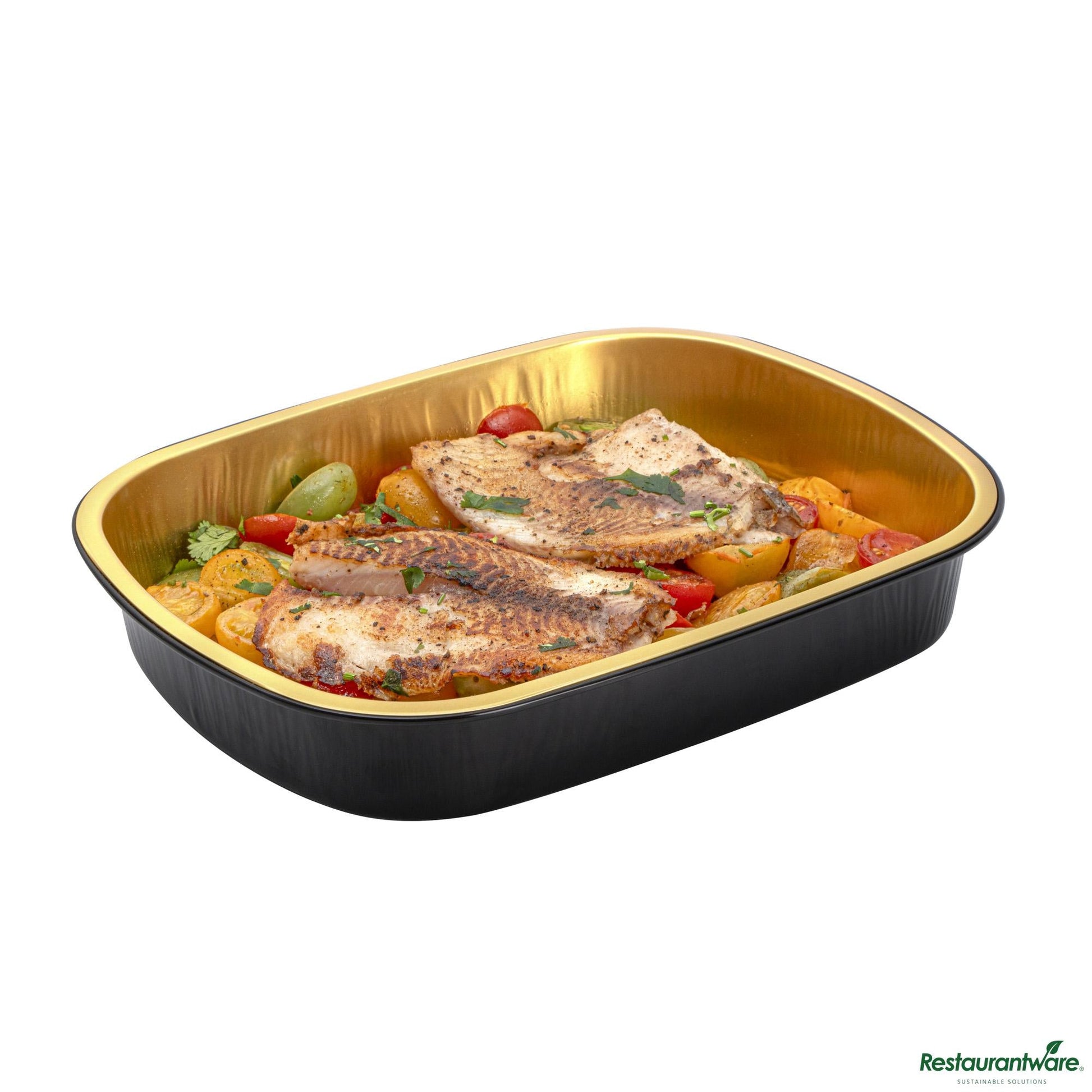 Wholesale Restaurantware 70 Oz Oblong Black and Gold Heavy-Duty Foil Entree / Take Out Pan - 11.3"×8.8"×2"- Bulk