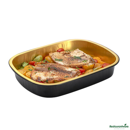 Wholesale Restaurantware 70 Oz Oblong Black and Gold Heavy-Duty Foil Entree / Take Out Pan - 11.3"×8.8"×2"- Bulk