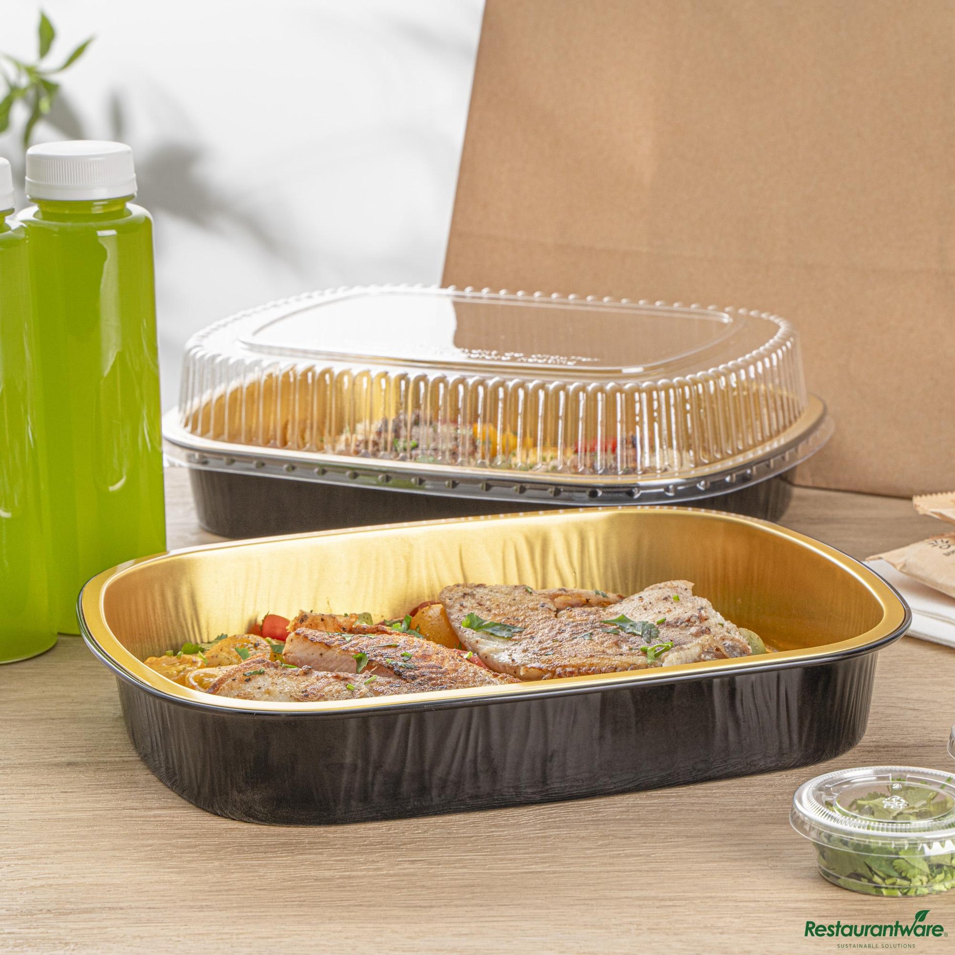 Wholesale Restaurantware 70 Oz Oblong Black and Gold Heavy-Duty Foil Entree / Take Out Pan - 11.3"×8.8"×2"- Bulk