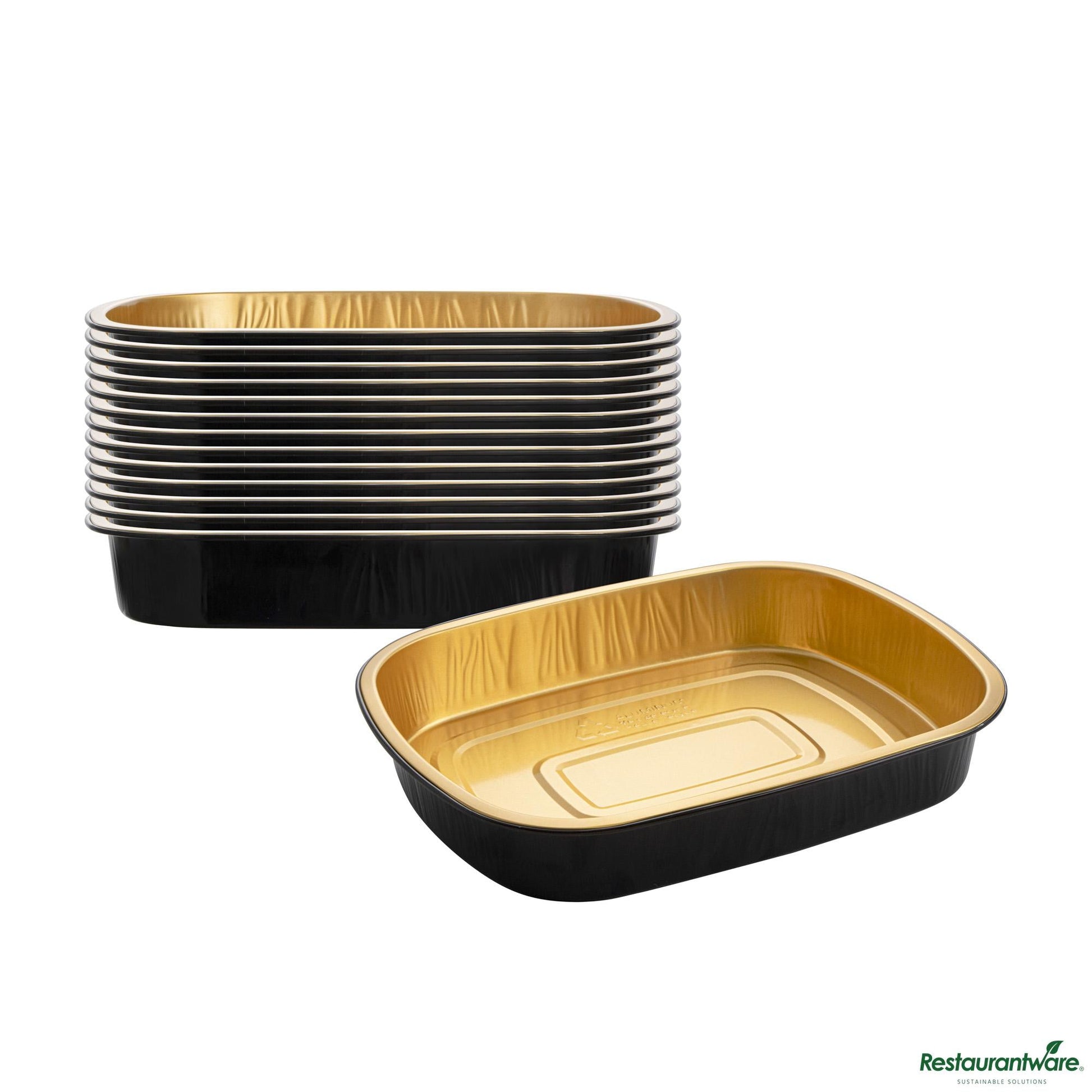 Wholesale Restaurantware 70 Oz Oblong Black and Gold Heavy-Duty Foil Entree / Take Out Pan - 11.3"×8.8"×2"- Bulk