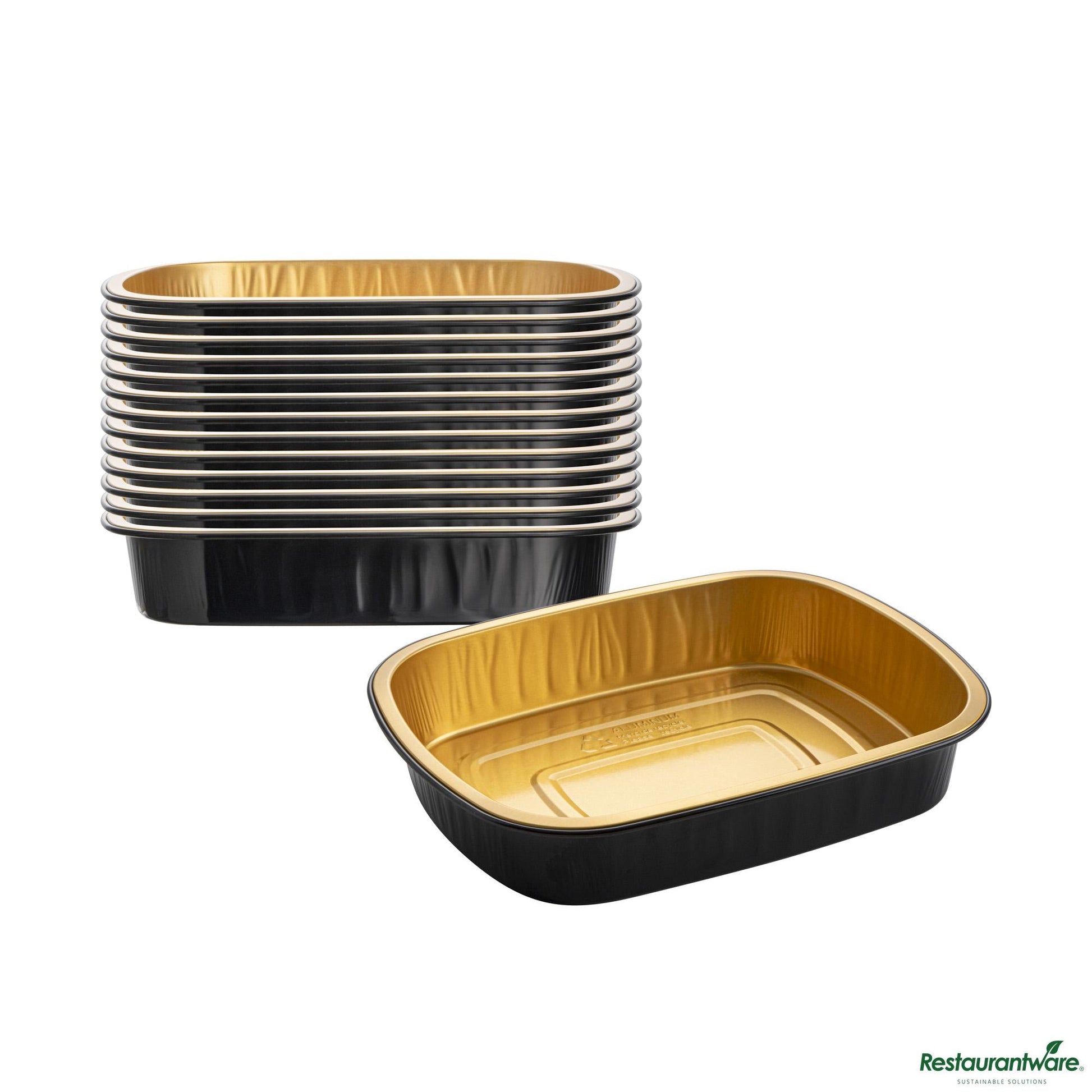 Wholesale Restaurantware 52 Oz Oblong Black and Gold Heavy-Duty Foil Entree / Take Out Pan - 9.7"×7.7"×1.7"- Bulk