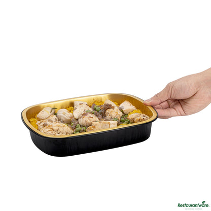 Wholesale Restaurantware 52 Oz Oblong Black and Gold Heavy-Duty Foil Entree / Take Out Pan - 9.7"×7.7"×1.7"- Bulk