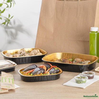 Wholesale Restaurantware 25 Oz Oblong Black and Gold Heavy-Duty Foil Entree / Take Out Pan - 8.2"×6.1"×1.2"- Bulk