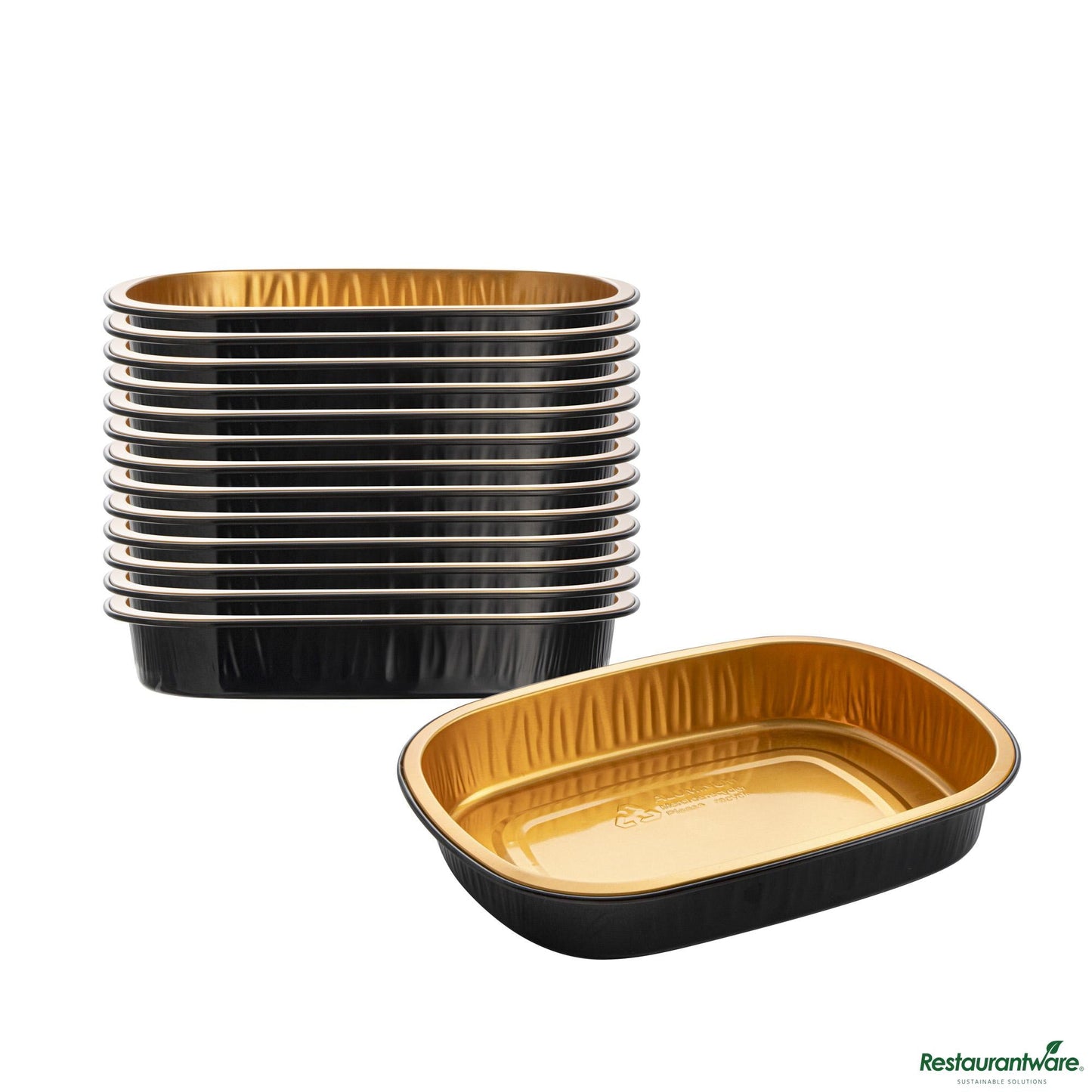 Wholesale Restaurantware 25 Oz Oblong Black and Gold Heavy-Duty Foil Entree / Take Out Pan - 8.2"×6.1"×1.2"- Bulk