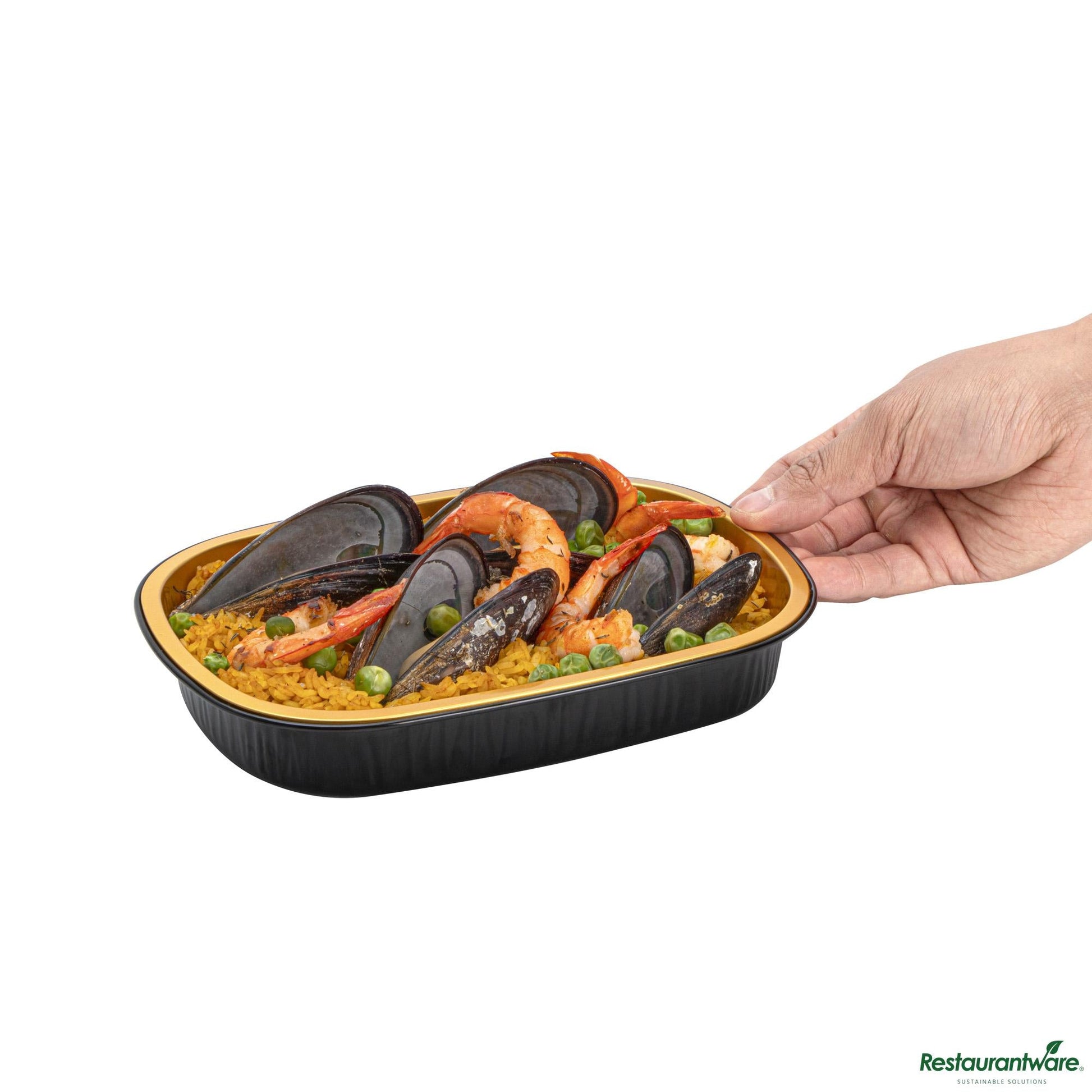 Wholesale Restaurantware 25 Oz Oblong Black and Gold Heavy-Duty Foil Entree / Take Out Pan - 8.2"×6.1"×1.2"- Bulk