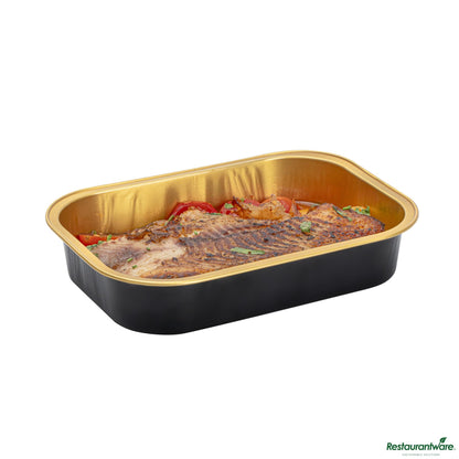 Restaurantware 14 Oz Oblong Black and Gold Heavy-Duty Foil Entree / Take Out Pan - 6.4"×4.6"×1.3"
