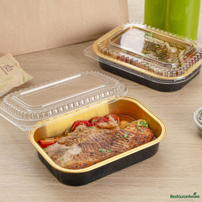 Restaurantware 14 Oz Oblong Black and Gold Heavy-Duty Foil Entree / Take Out Pan - 6.4"×4.6"×1.3"