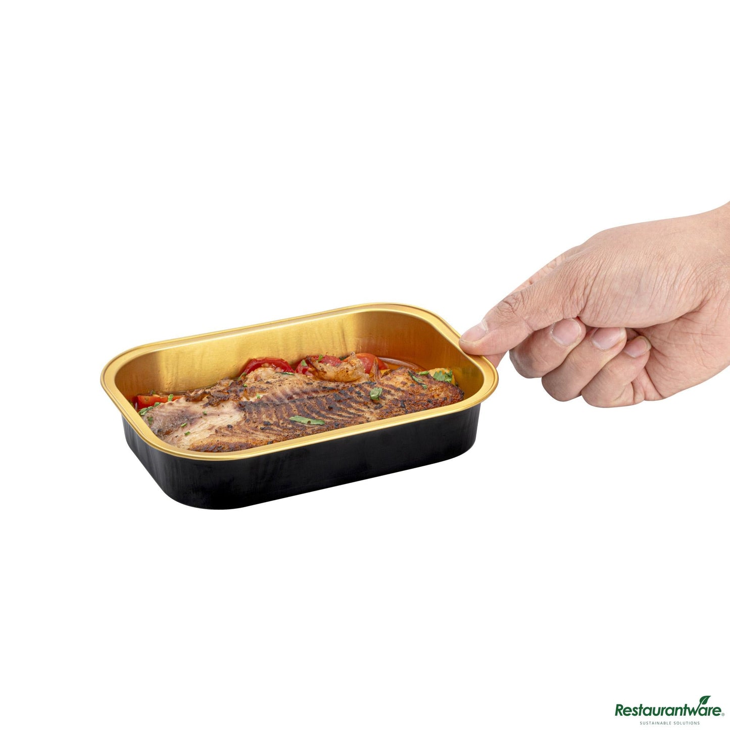 Restaurantware 14 Oz Oblong Black and Gold Heavy-Duty Foil Entree / Take Out Pan - 6.4"×4.6"×1.3"
