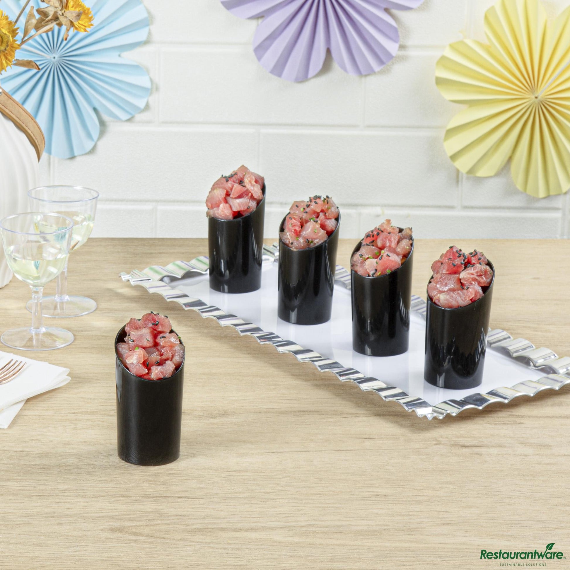 Wholesale Restaurantware 3 Oz Round Incline Shot Glass - Black, Plastic - 2" X 2" X 3 1/4"- Bulk