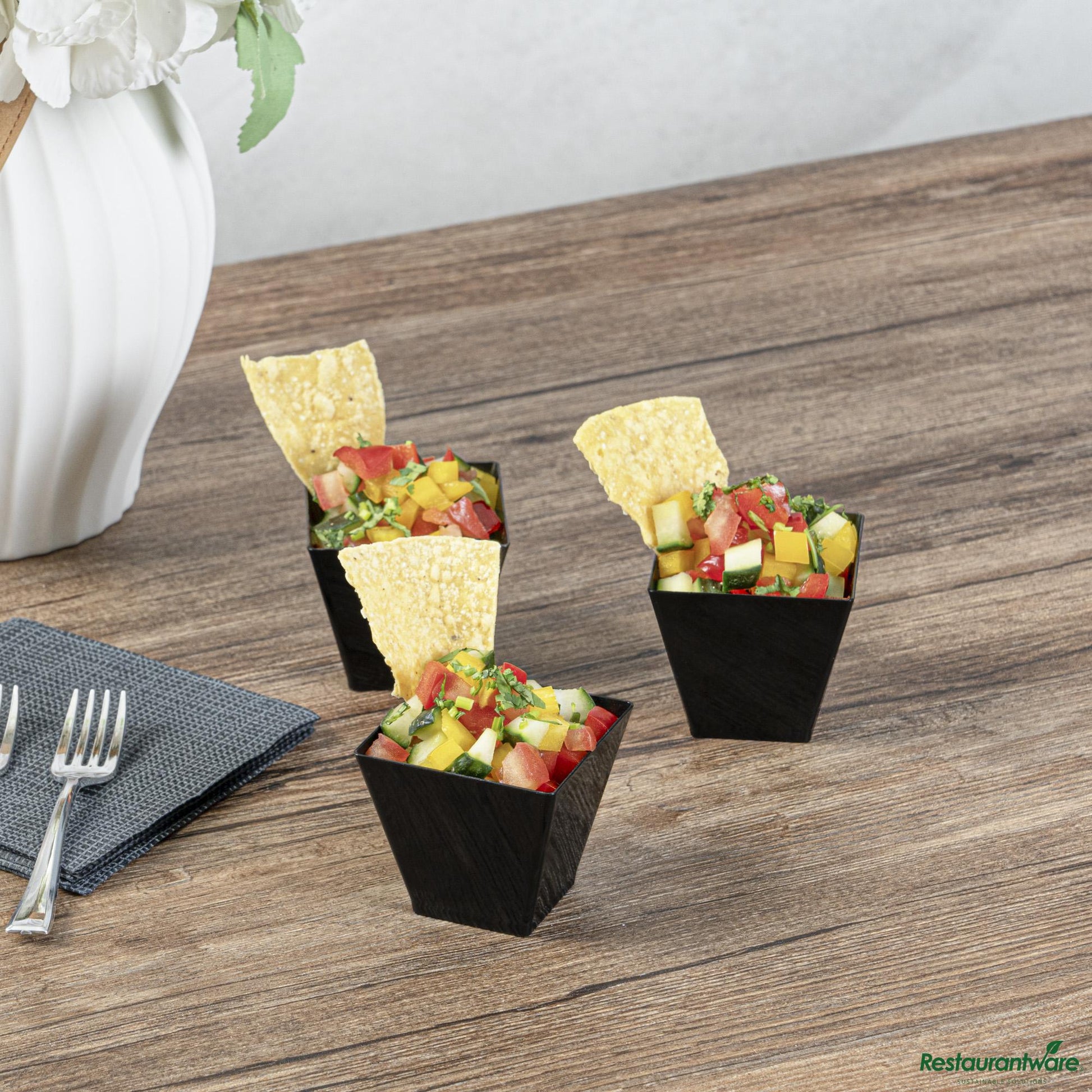 Wholesale Restaurantware 2 Oz Square Black Plastic Mini Kova Cup - 2" X 2" X 1 3/4"- Bulk