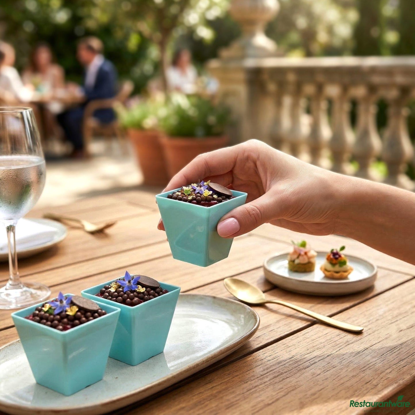Wholesale Restaurantware 2 Oz Square Baby Blue Plastic Mini Kova Cup - Limited Edition - 2" X 2" X 1 3/4"- Bulk