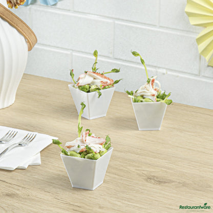 Wholesale Restaurantware 2 Oz Square White Plastic Mini Kova Cup - 2" X 2" X 1 3/4"- Bulk