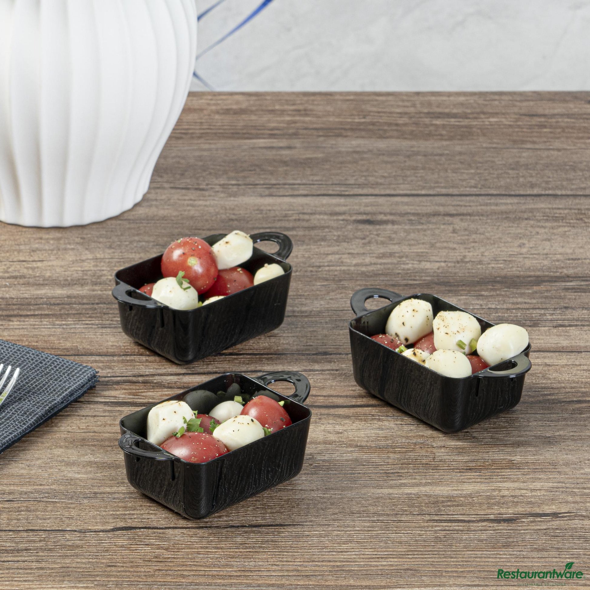 Wholesale Restaurantware 3 Oz Rectangle Black Plastic Cocotte - 3 3/4" X 2" X 1 1/2"- Bulk