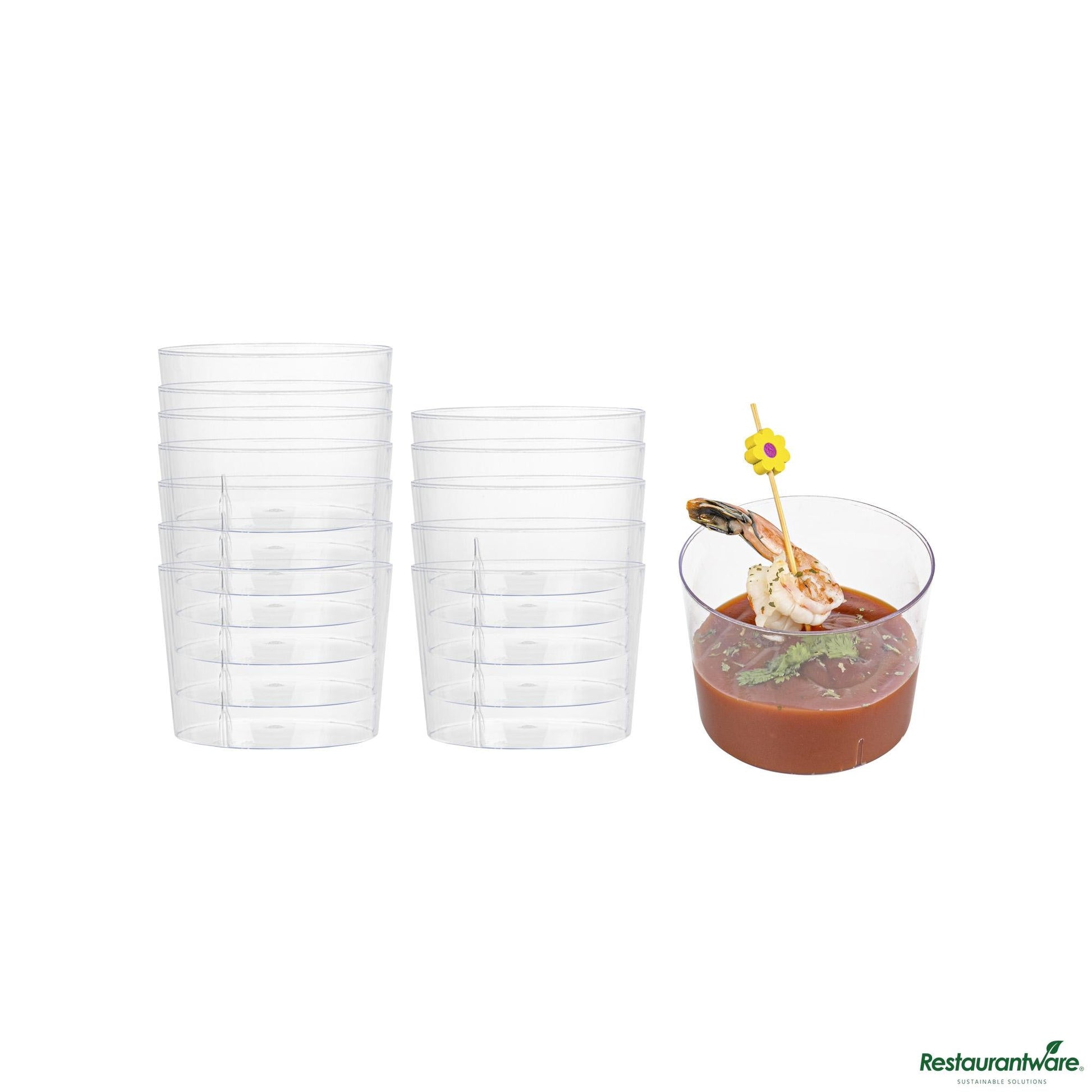 Wholesale Restaurantware 6 Oz Round Clear Plastic Cylindro Cup - 2 1/4" X 2 1/4" X 3"- Bulk