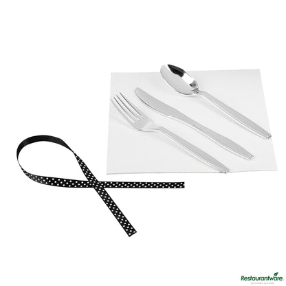 Wholesale Restaurantware Argento Silver Plastic Cutlery Set - with White Napkin, Polka Dot Ribbon - 7 1/4" X 2" X 1 3/4"- Bulk