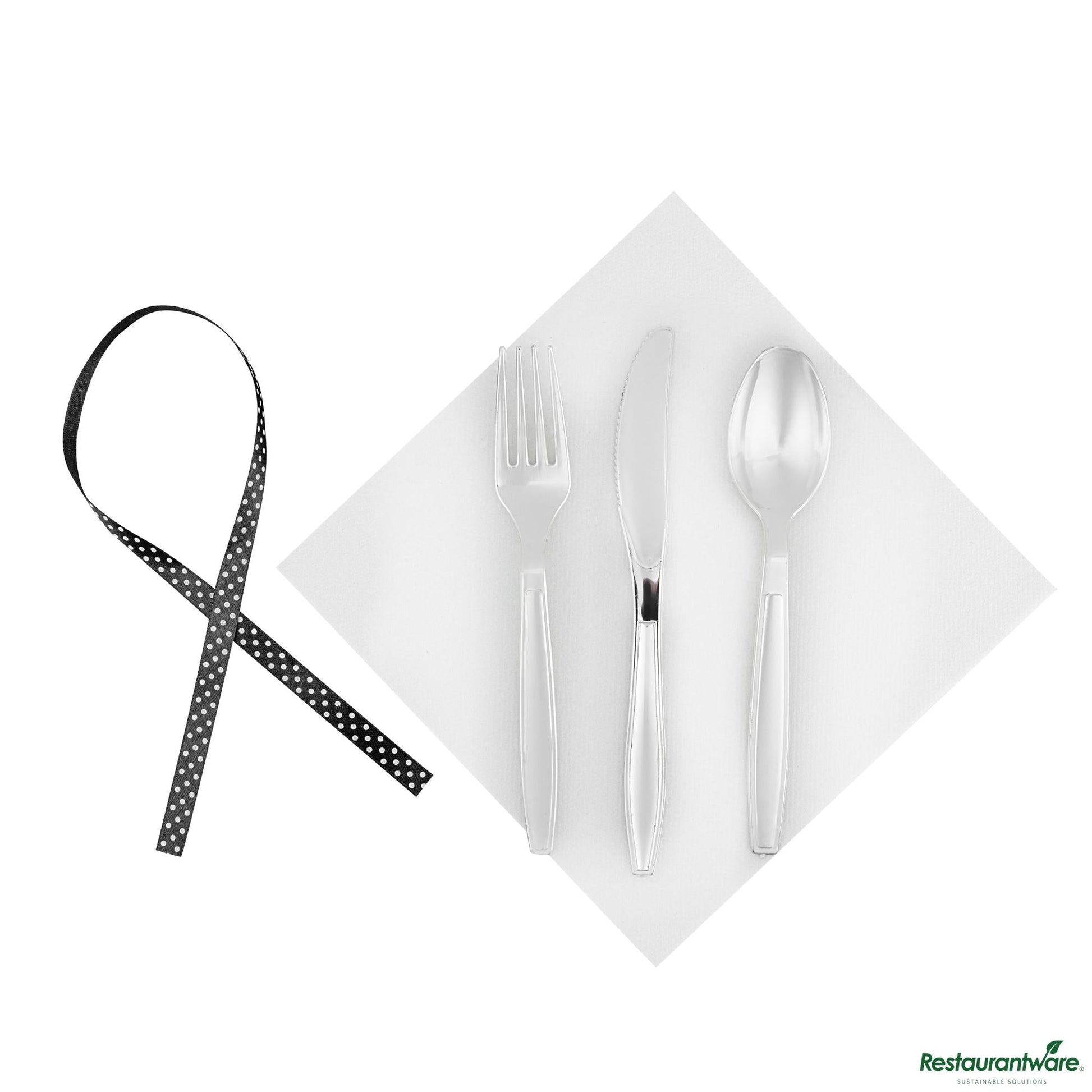 Wholesale Restaurantware Argento Silver Plastic Cutlery Set - with White Napkin, Polka Dot Ribbon - 7 1/4" X 2" X 1 3/4"- Bulk