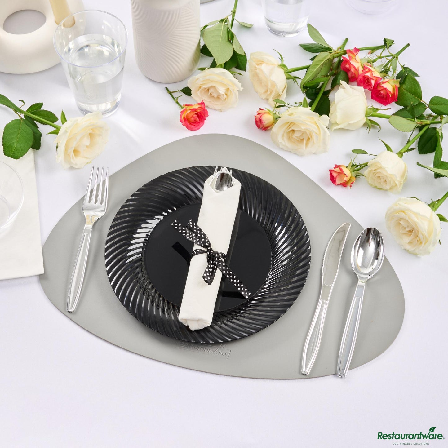 Wholesale Restaurantware Argento Silver Plastic Cutlery Set - with White Napkin, Polka Dot Ribbon - 7 1/4" X 2" X 1 3/4"- Bulk
