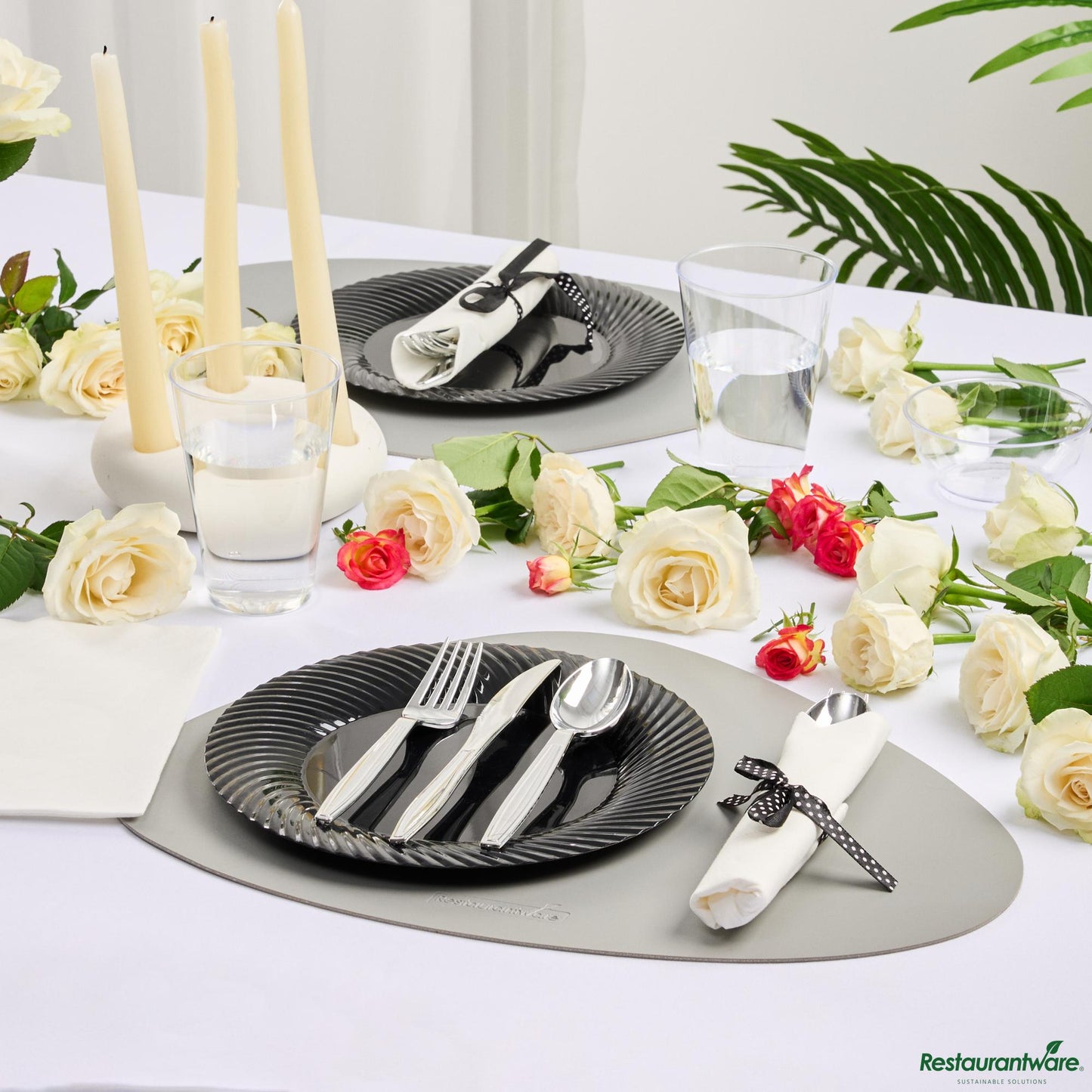 Wholesale Restaurantware Argento Silver Plastic Cutlery Set - with White Napkin, Polka Dot Ribbon - 7 1/4" X 2" X 1 3/4"- Bulk