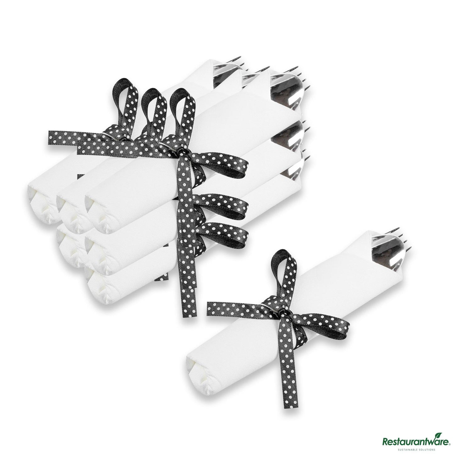 Wholesale Restaurantware Argento Silver Plastic Cutlery Set - with White Napkin, Polka Dot Ribbon - 7 1/4" X 2" X 1 3/4"- Bulk