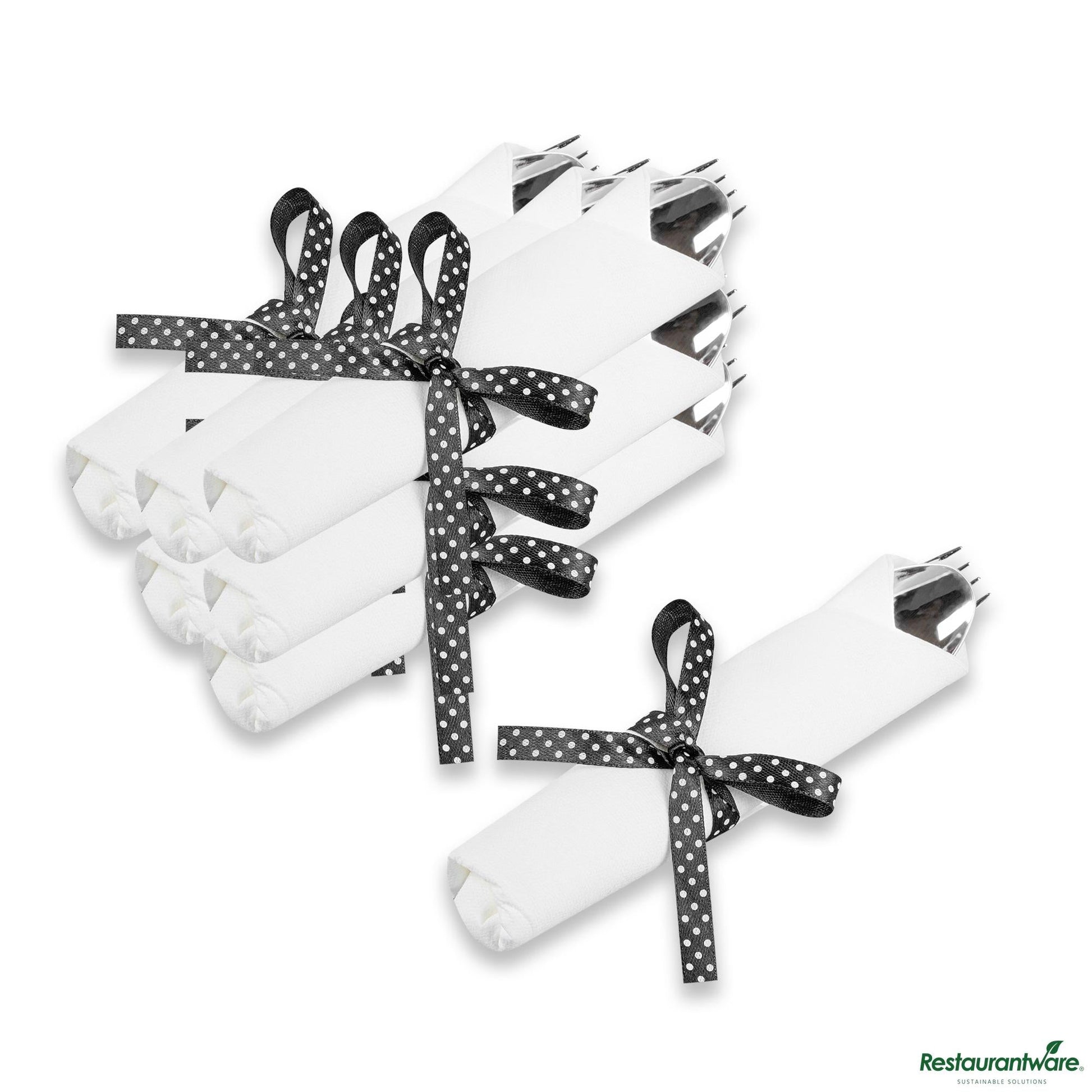 Wholesale Restaurantware Argento Silver Plastic Cutlery Set - with White Napkin, Polka Dot Ribbon - 7 1/4" X 2" X 1 3/4"- Bulk